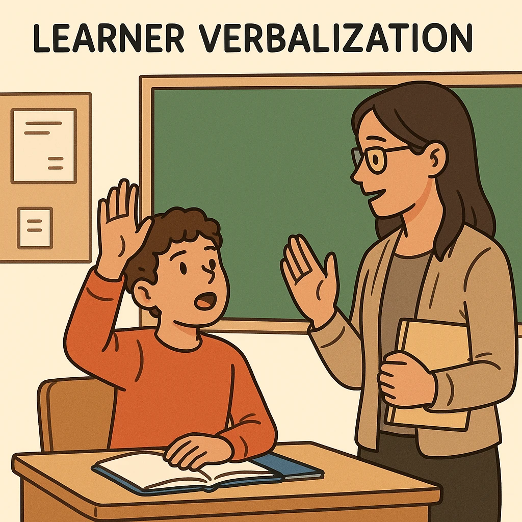 a student raising their hand and talking to a teacher, representing learner verbalization emoji