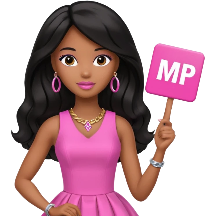 Black barbie, long black  hair, pink dress holding mvp sign  emoji