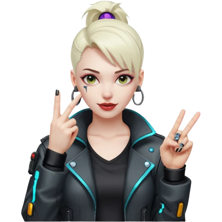 Woman with her tongue out in cyberpunk clothing and giving the middle finger. Looking naughty. emoji