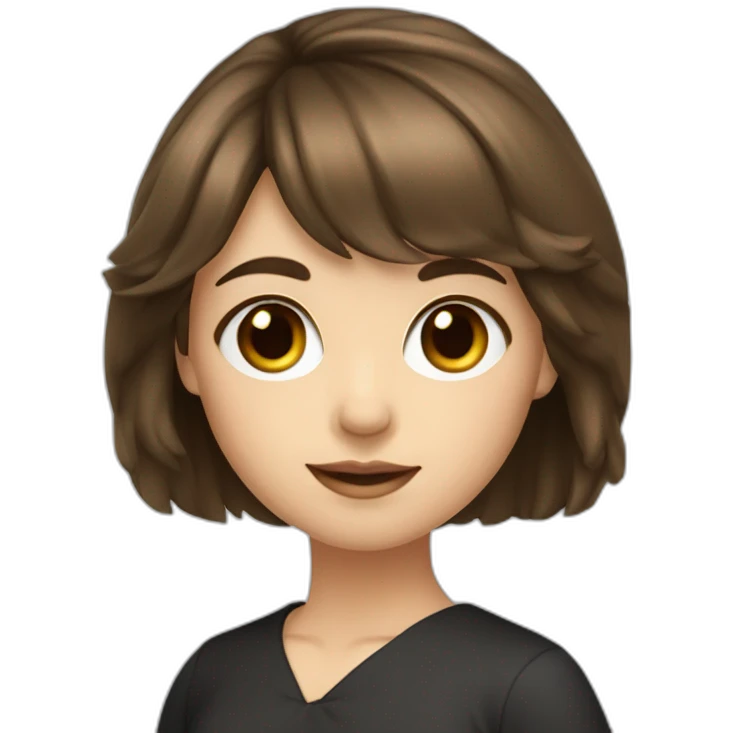 girl middle-length brown hair with bang fair skin brown eye black dress writing coding emoji