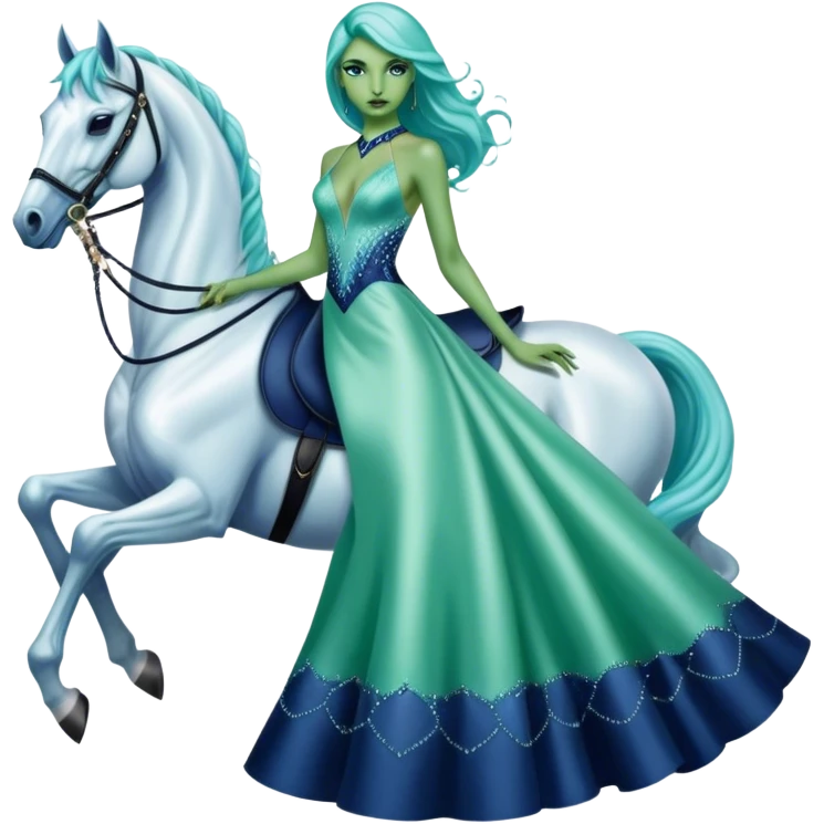 alien reptilian green skin woman, in long slim pastel blue formal party satin dress with gradient shiny sparkling navy blue diamonds embroidered , ride a White horse emoji