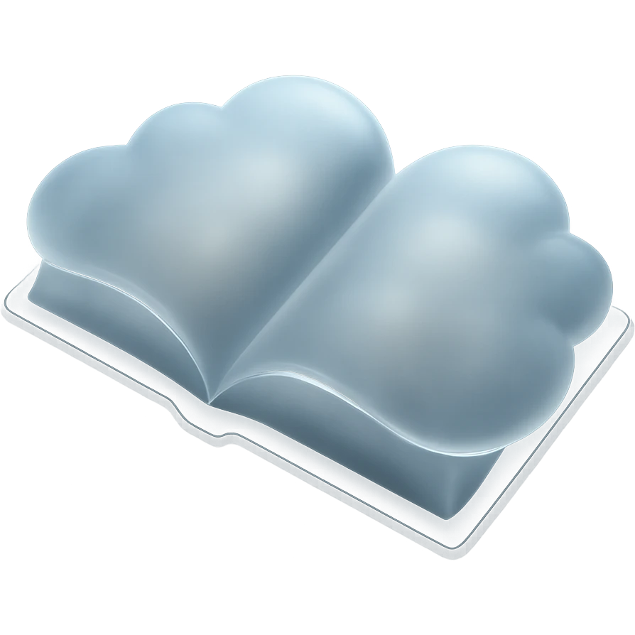 top view of open book, each page is a convex white cloud, matte glass style emoji