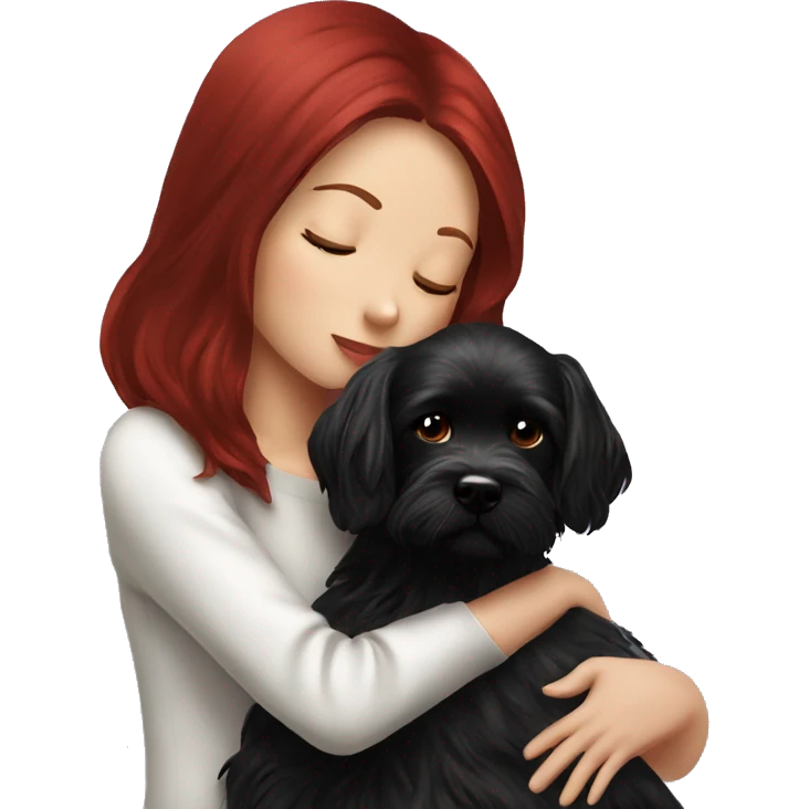 Dark-red-haired girl kiss her Black-Maltese-Black-dog emoji