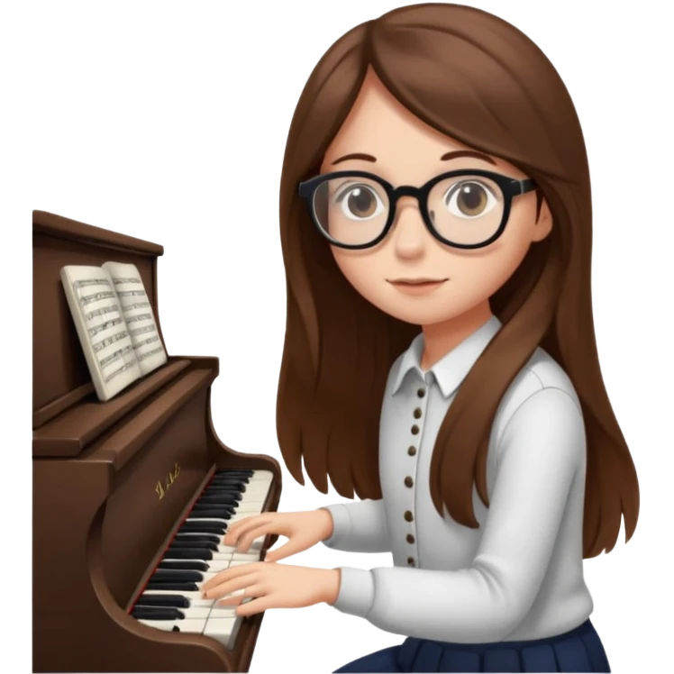 girl long brown hair. round glasses eye. playing piano emoji