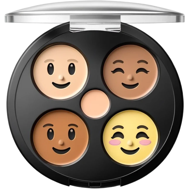 “3D emoji-style makeup product, a circular NYX face sculpting palette with three makeup pans inside (highlighter, contour, bronzer) in neutral tones. Realistic compact makeup item, soft shadows, glossy plastic lid, minimal Apple-style design, pastel background.” emoji