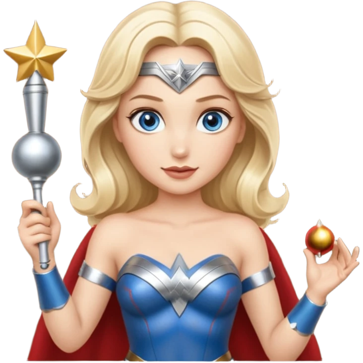 Blonde blue eyes Wonder Woman holding bell and short white orchestra conductor’s baton  emoji