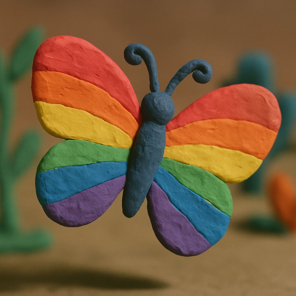 a butterfly in claymation style, soft plasticine texture, visible fingerprints, rainbow pride colors emoji