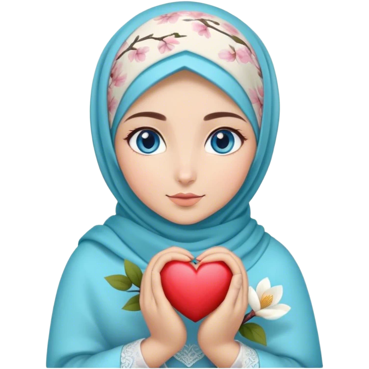 Turkish beautiful finish Konya girl blue eyes with magnolia flower design hijab and hold heart in her hand  emoji