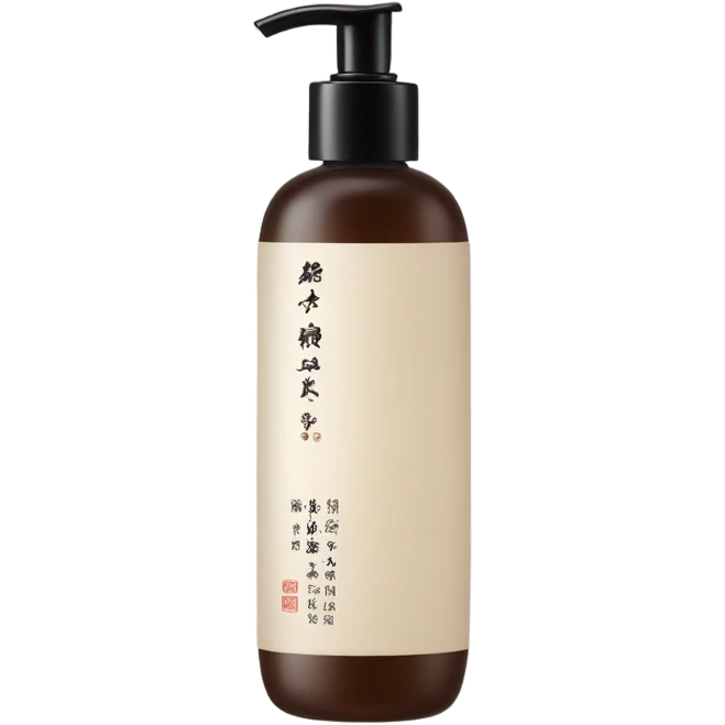 slim brown oil cleanser bottle with white chinese label and white pump emoji