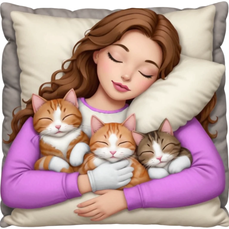 girl with long wavy brown hair, brown eyes, long lashes makeup, sexy pink lips, light to medium complexion,  sleeping on a cozy pillow, with 6 cats: 1 brown and white tabby cat, 1 ginger and white, 2 grey and white, 1 grey with white mittens and small white patch on chest and 1 calico, sleeping emoji