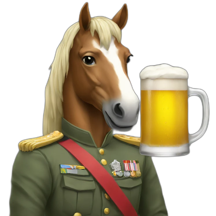 a horse in military uniform holding a beer emoji