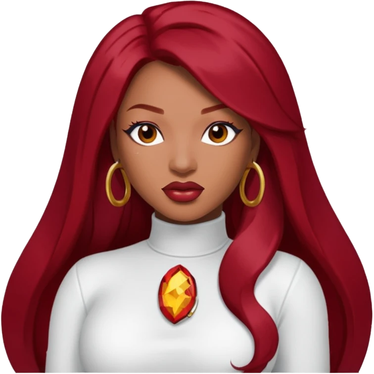 Megan Thee Stallion with long dark red hair, white outfit emoji