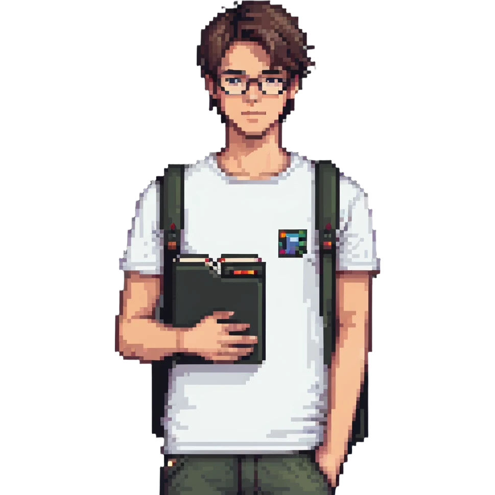 programmer wearing a white t-shirt, holding a notebook emoji
