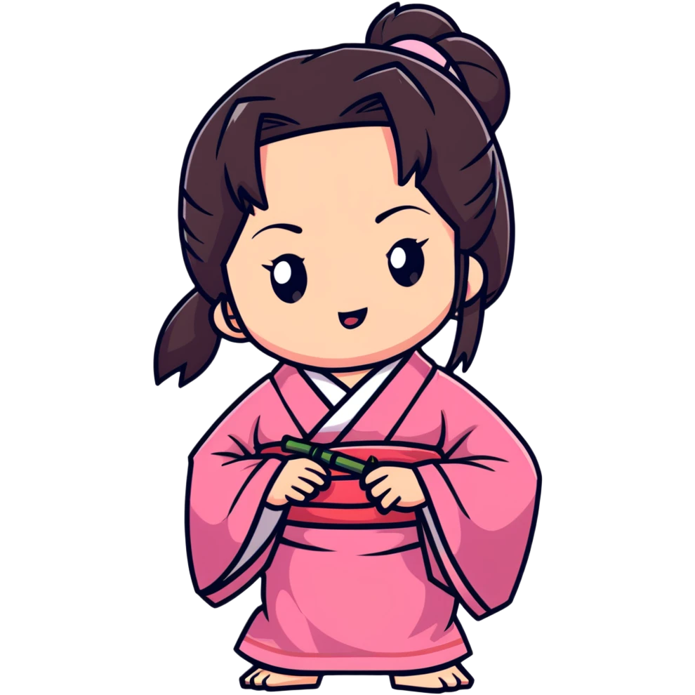 cute chibi Nezuko biting bamboo muzzle with her teeth clearly visible, pink kimono emoji
