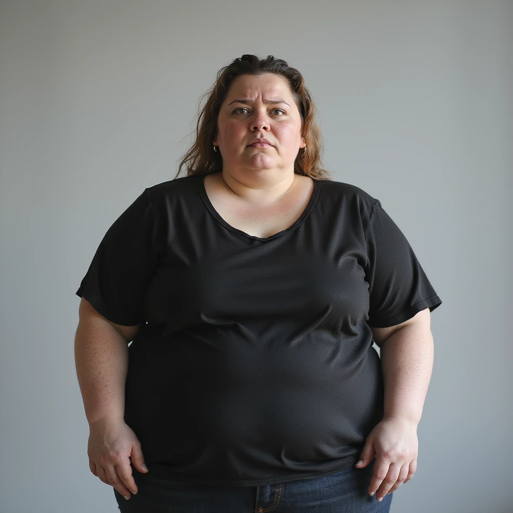 hyperrealistic 4K vertical 9:16 portrait of a fat woman standing with a worried or disappointed face, isolated white background emoji