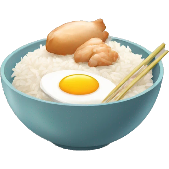 a bowl of rice with two eggs and two chicken emoji