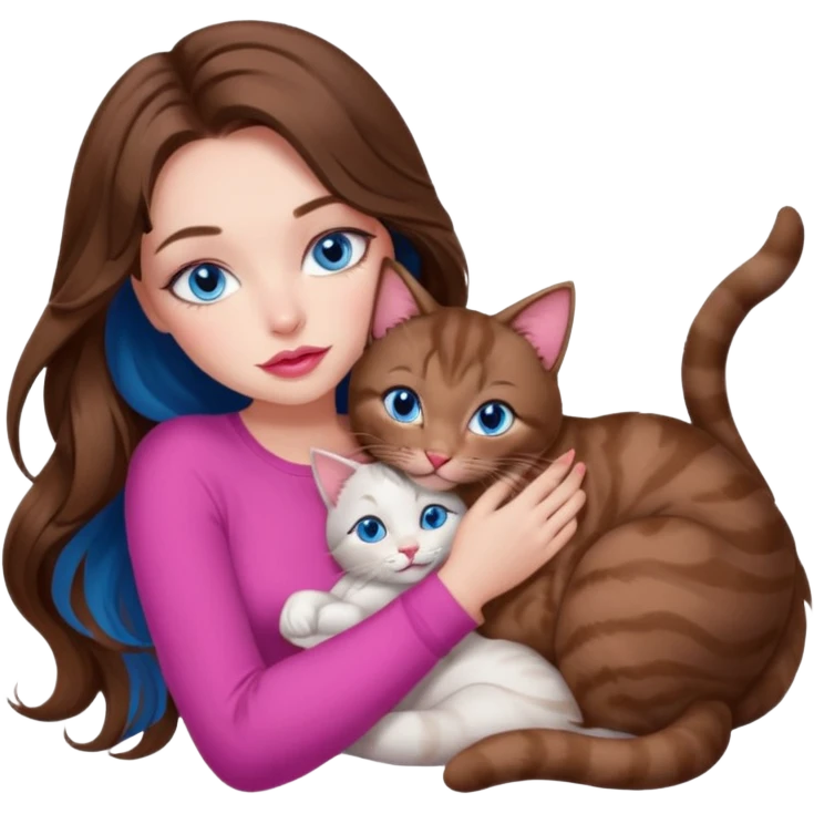 girl with long wavy brown hair, blue eyes, long lashes makeup, sexy pink lips, cuddling with 6 cats emoji