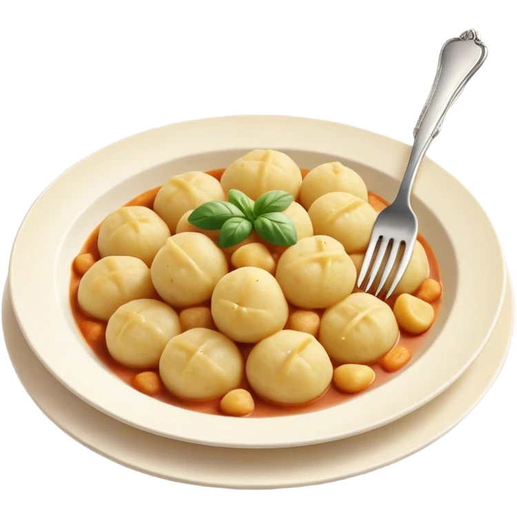 Gnocchi Cinematic Realistic Gnocchi Dish Emoji, depicted as tender potato dumplings garnished with iconic fork marks on top, rendered with soft textures and warm, inviting lighting. emoji