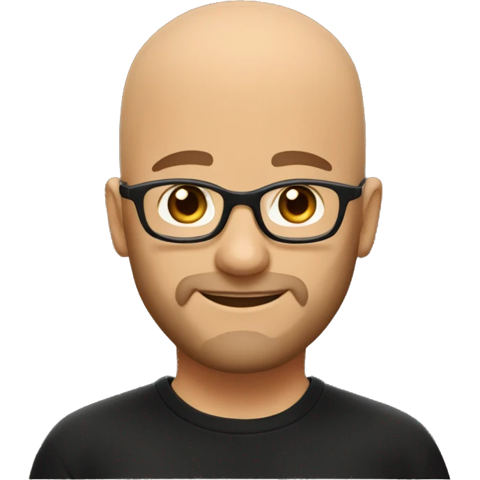 Bald man with round glasses, short beard, oval face, wearing a black t-shirt, with warm brown eyes, and smiling warmly emoji