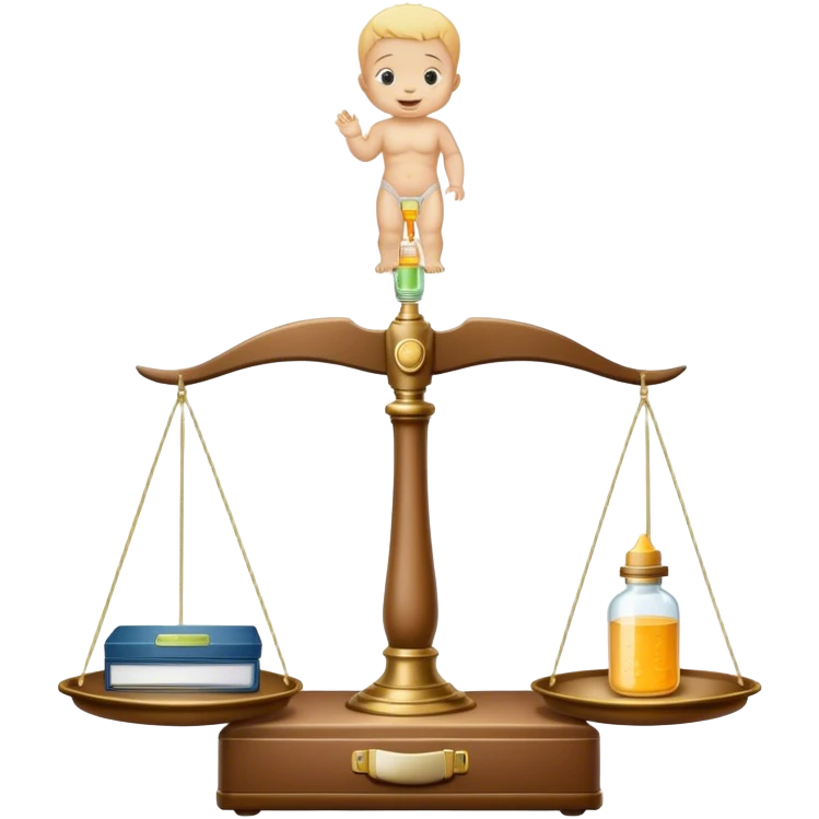 scale with baby and bottle on left tray, briefcase on right tray, spinal column as the scale pillar, 'CHOICE' engraved on base emoji