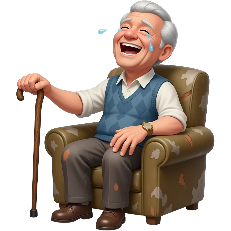 side view of an old man sitting in a chair holding a walking stick laughing with his head thrown back and tears in his eyes and his hand slapping his knee. emoji