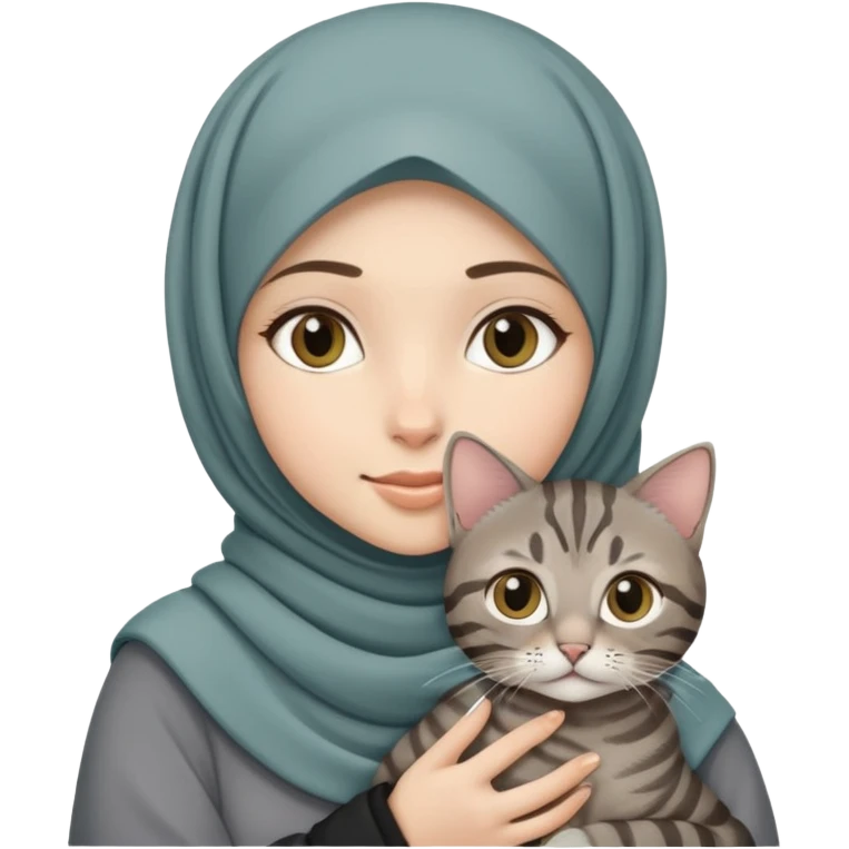 White girl wearing  hijab holding a black grey tabby cat emoji