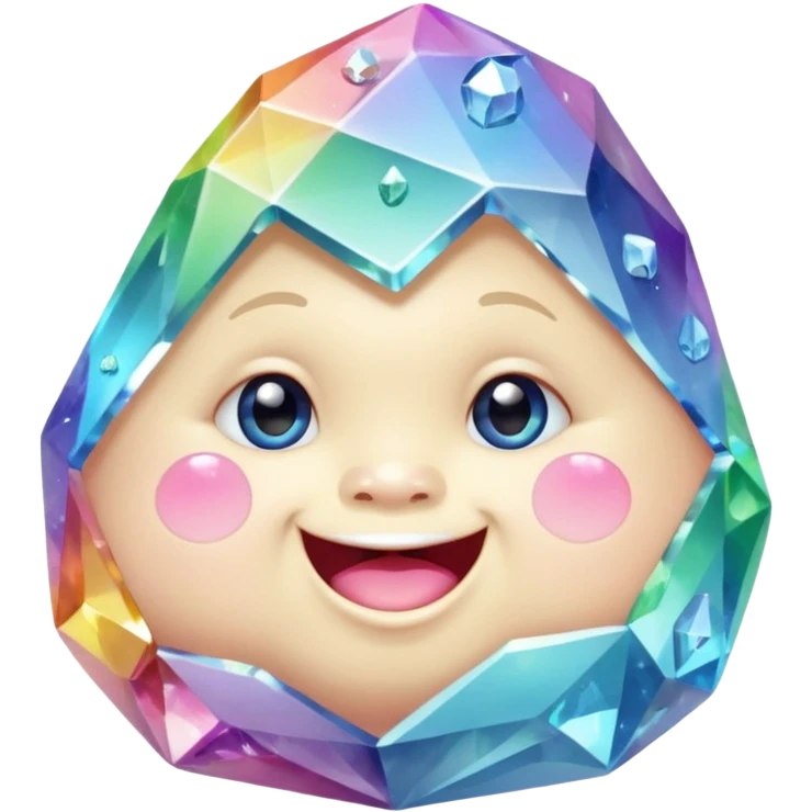 A single pastel rainbow crystal baby rock character, chubby and heavy with a chunky, irregular polygon shape,covered in faceted crystal planes and small chips, big glossy rainbow eyes and a small smiling mout emoji