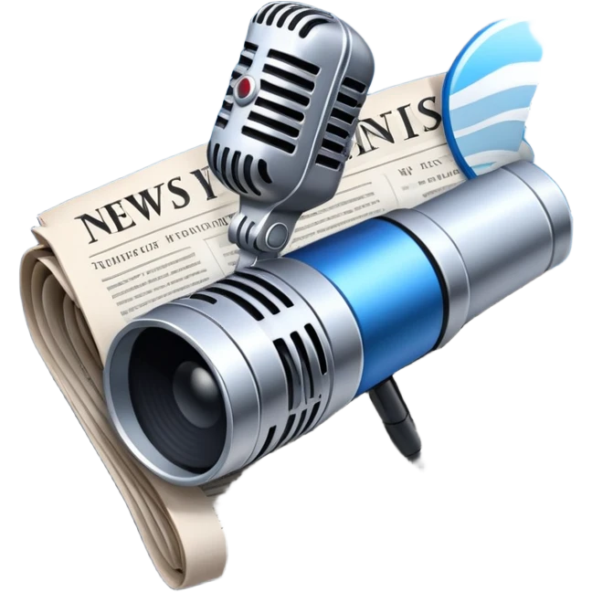 An icon featuring a microphone, a newspaper, a reporter’s camera, and soundwaves, representing journalism and mass media. The design includes headlines and imagery, symbolizing the spread of news and information. Transparent background highlights the power of communication and media. emoji