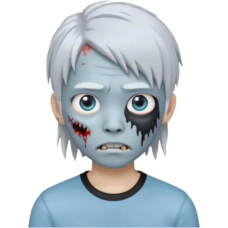 Create a 3D emoji-style avatar with very pale blue-grey zombie skin like the reference image, a young Asian face, and large eyes with white blood tears. Give it white mullet-style hair, silver hoop earrings, and a simple black T-shirt. The expression should be neutral or slightly angry emoji
