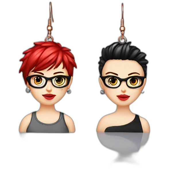 Punk female earrings glasses,red and black short hair, emoji