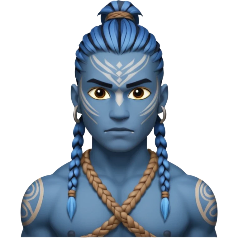 Design a Na’vi male with blue skin, tribal markings, braided hair, sharp eyes & a warrior look. emoji