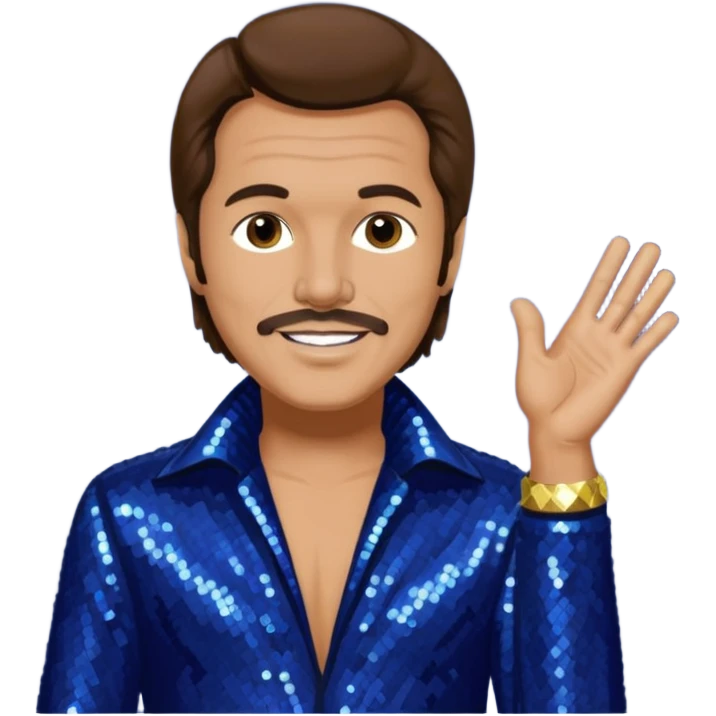 Harry Wayne Casey aka KC, Funk Singer (b.1951) from KC and the Sunshine Band with medium brown hair, indigo sequin disco outfit emoji