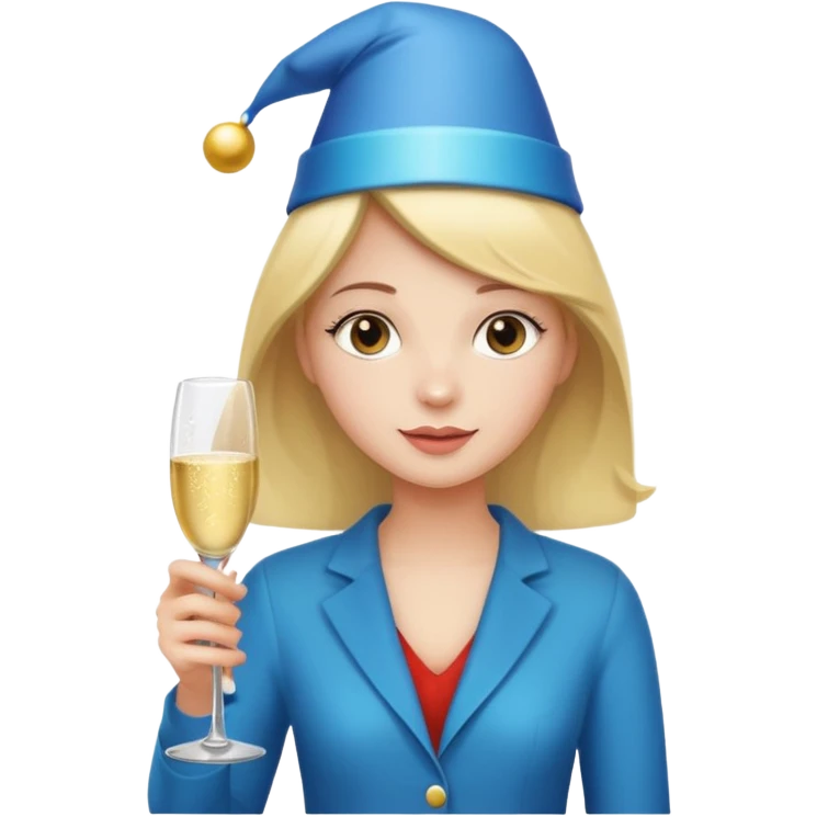 girl holding only Champagne bottle with party cap. emoji