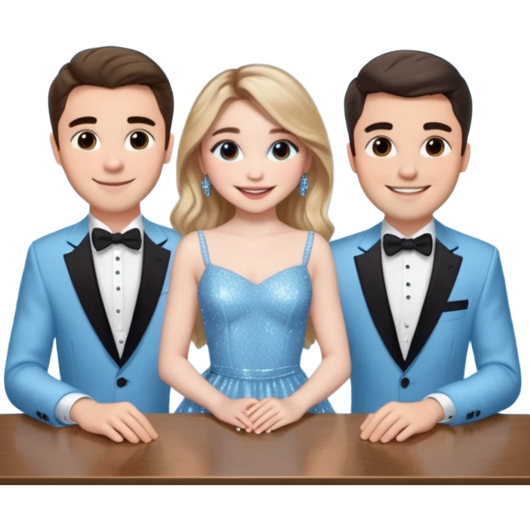 Sabrina carpenter in a light blue sparkly dress at a table with 3 handsome men, and she is standing up reaching over  emoji