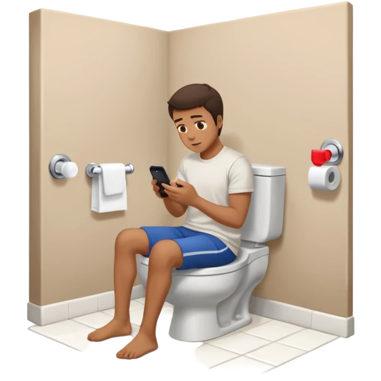 Man on toilet playing on phone while people wait to use bathroom emoji