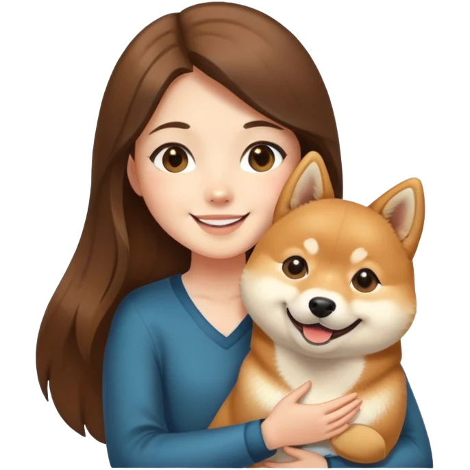 Brunette girl with long hair holding a smile Shiba Inu emoji