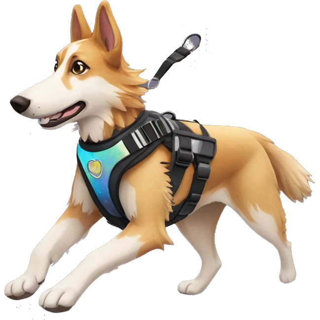 Fluffy dog saluki German shepherd husky with tattoos and holographic harness running emoji