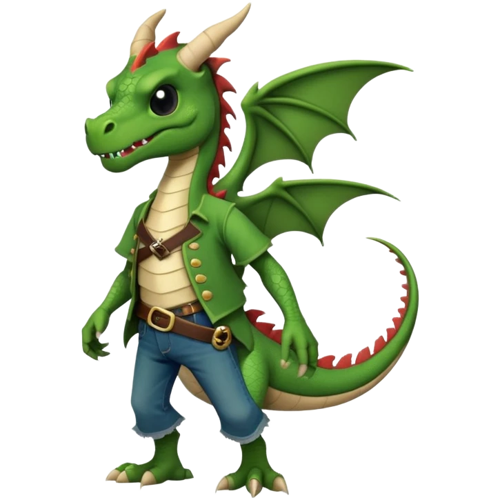 friendly anthropomorphised dragon in a band t-shirt and jeans with a pirate eye-patch walking upright, relaxed pose emoji