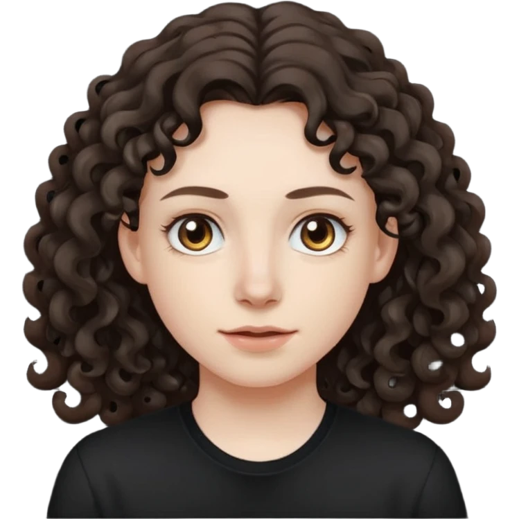 Pale skin, long curly dark brown hair, medium brown eyes. emoji