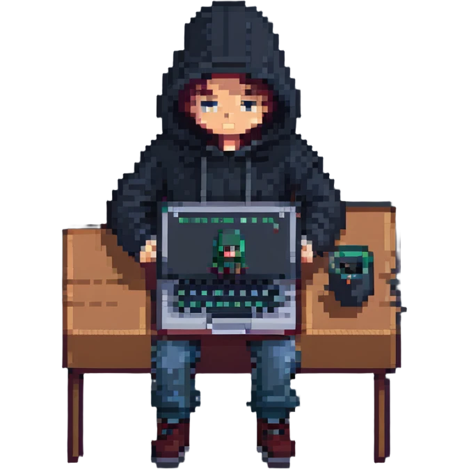 programmer in a dark hoodie, typing on a laptop, pixel art style emoji