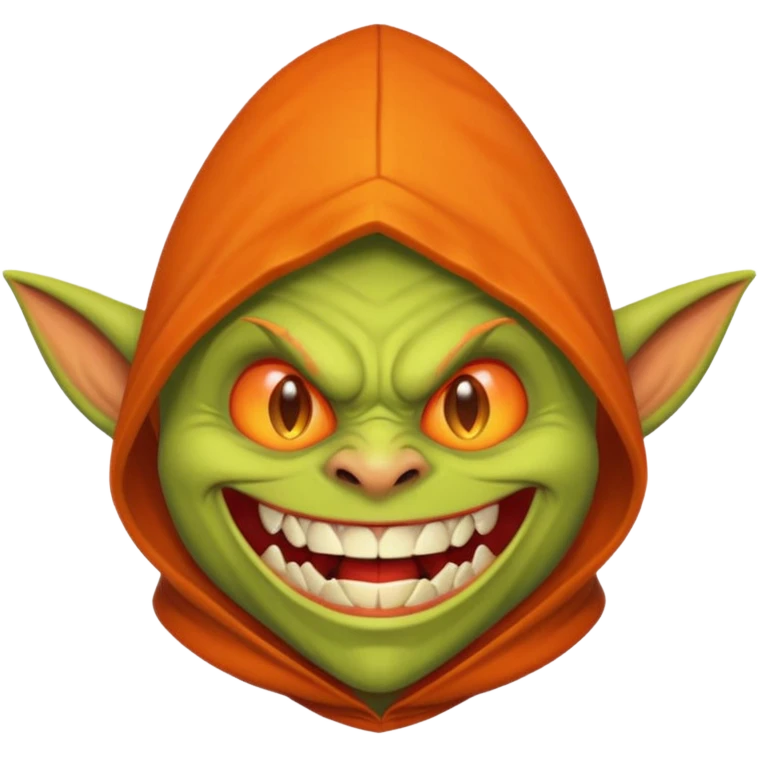 Hobgoblin-style goblin face emoji, orange hood, evil grin, sharp teeth, expressive Apple-style emoji emoji
