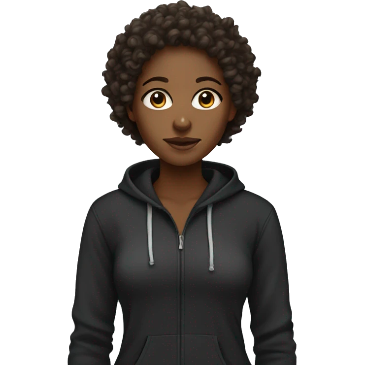 curly headed black woman with brown eyes and a black hoodie emoji
