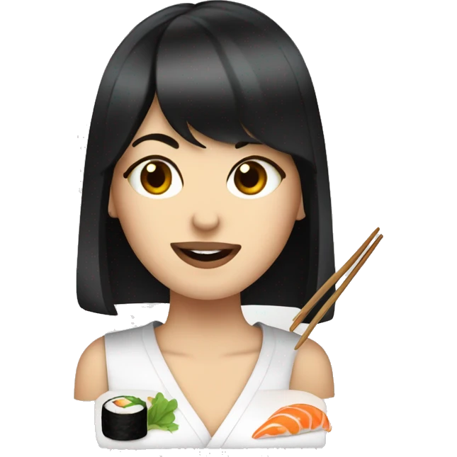 a black-haired white woman with bangs was chewing sushi emoji