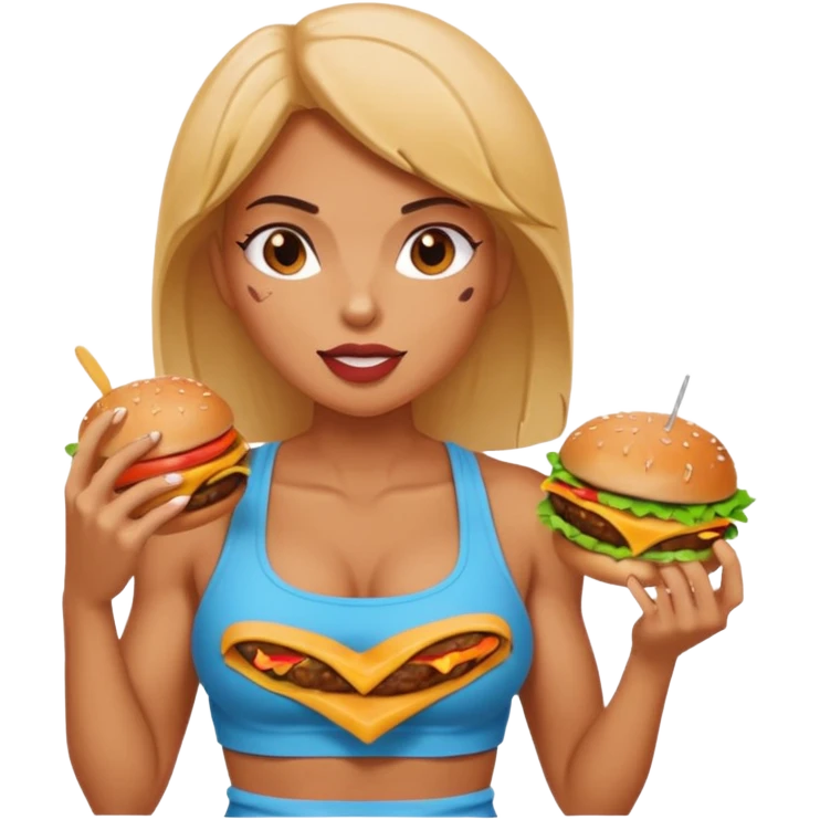 strong lean woman with visible strong abs eating a burger emoji