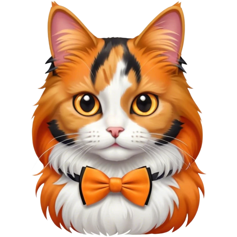 A long-haired calico cat with a bow tie emoji