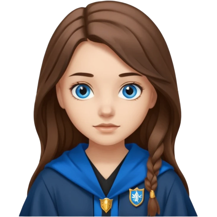gorgeous Girl with light skin, blue eyes, long brown hair, wears ravenclaw black and blue robes  emoji