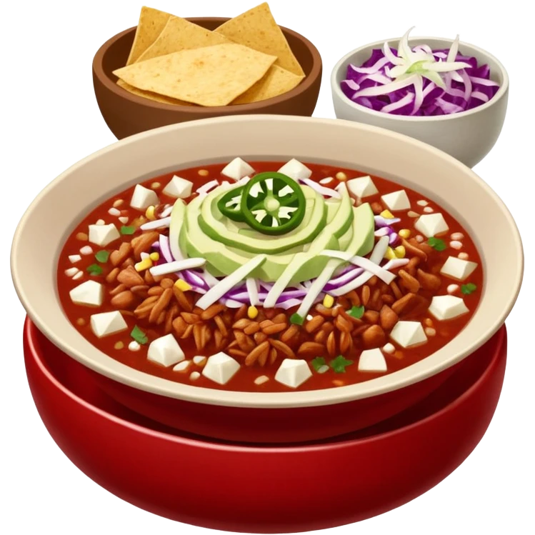 A delicious hot bowl of pozole rojo with sides next to the bowl in separate bowls each: chopped onions, shredded cabbage, lime wedges, red chile de arbol salsa, and full round tostadas emoji