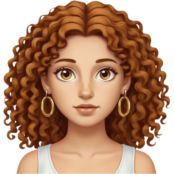 Attractive Greek woman with a wide face, freckles, long curly amber-brown hair and gold hoop earrings emoji