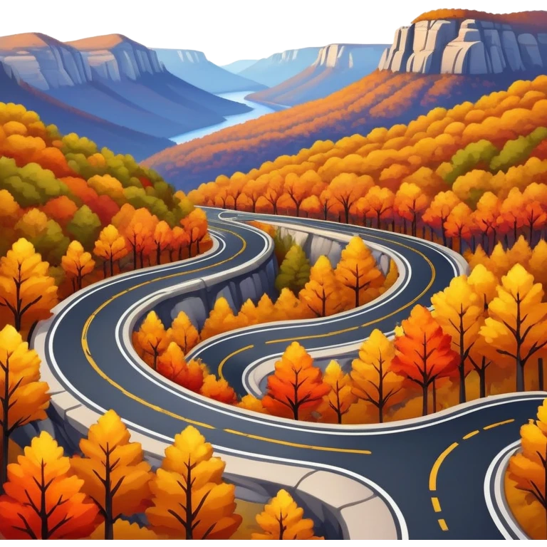 A winding asphalt road through the blue mountains and autumn colored trees emoji