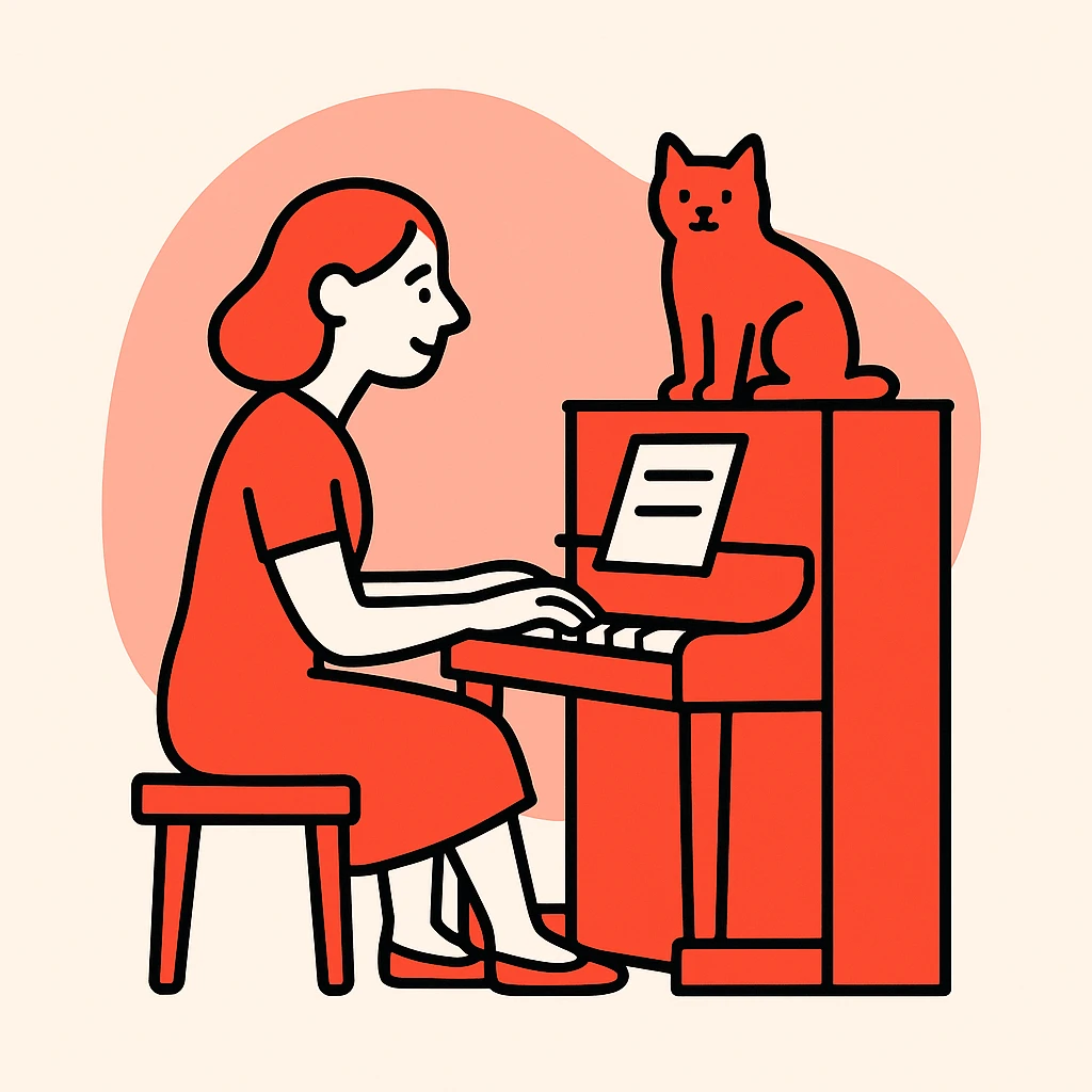 woman playing piano while her cat sits on top of the piano emoji
